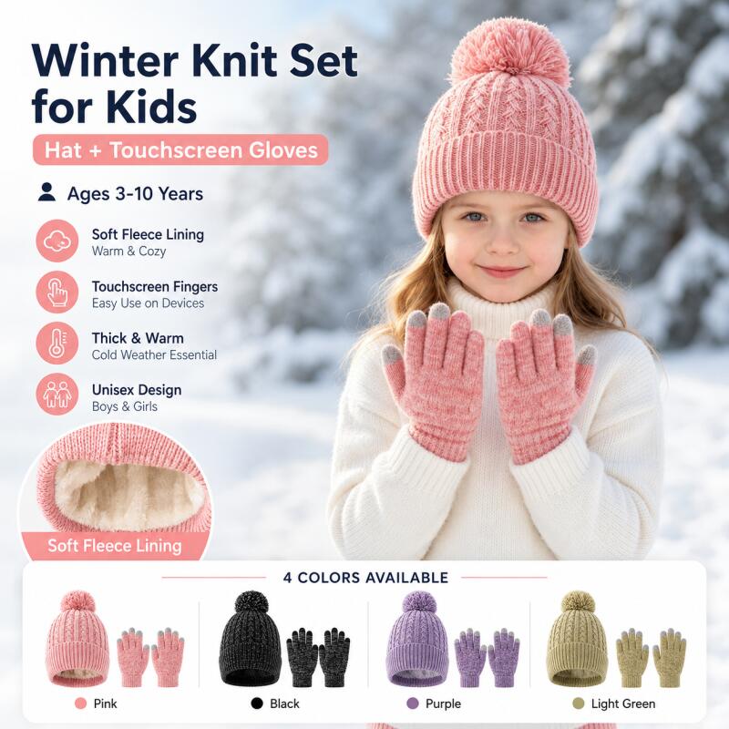 Knit Glove Touch Screen - ชุดหมวกไหมพรมเด็กฤดูหนาวพร้อมถุงมือหน้าจอสัมผัส บุขนแกะอุ่น หมวกปอมปอม ยืดหยุ่น นุ่ม สวมใส่กลางแจ้ง