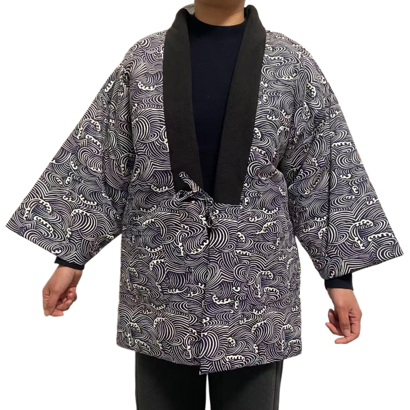 Traditional Winter Japanese Clothing - เสื้อแจ็คเก็ตฮาเท็นแบบดั้งเดิมของญี่ปุ่น เสื้อคลุมกิโมโนฤดูหนาวแบบยูนิเซ็กซ์ เสื้อคลุมโนราจิแบบมีซับใน ลายคลื่น ทรงหลวม สวมใส่เป็นเสื้อนอก