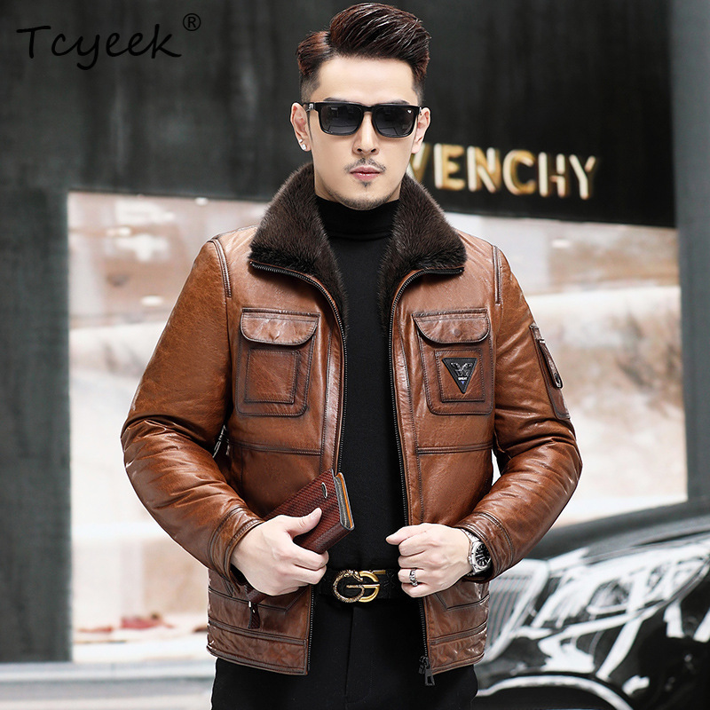 Winter Clothing Layers - เสื้อแจ็คเก็ตหนังแกะแท้ Tcyeek รุ่นท็อปเลเยอร์ สำหรับผู้ชาย เสื้อผ้าฤดูหนาวอุ่นๆ ขนมิงค์แท้