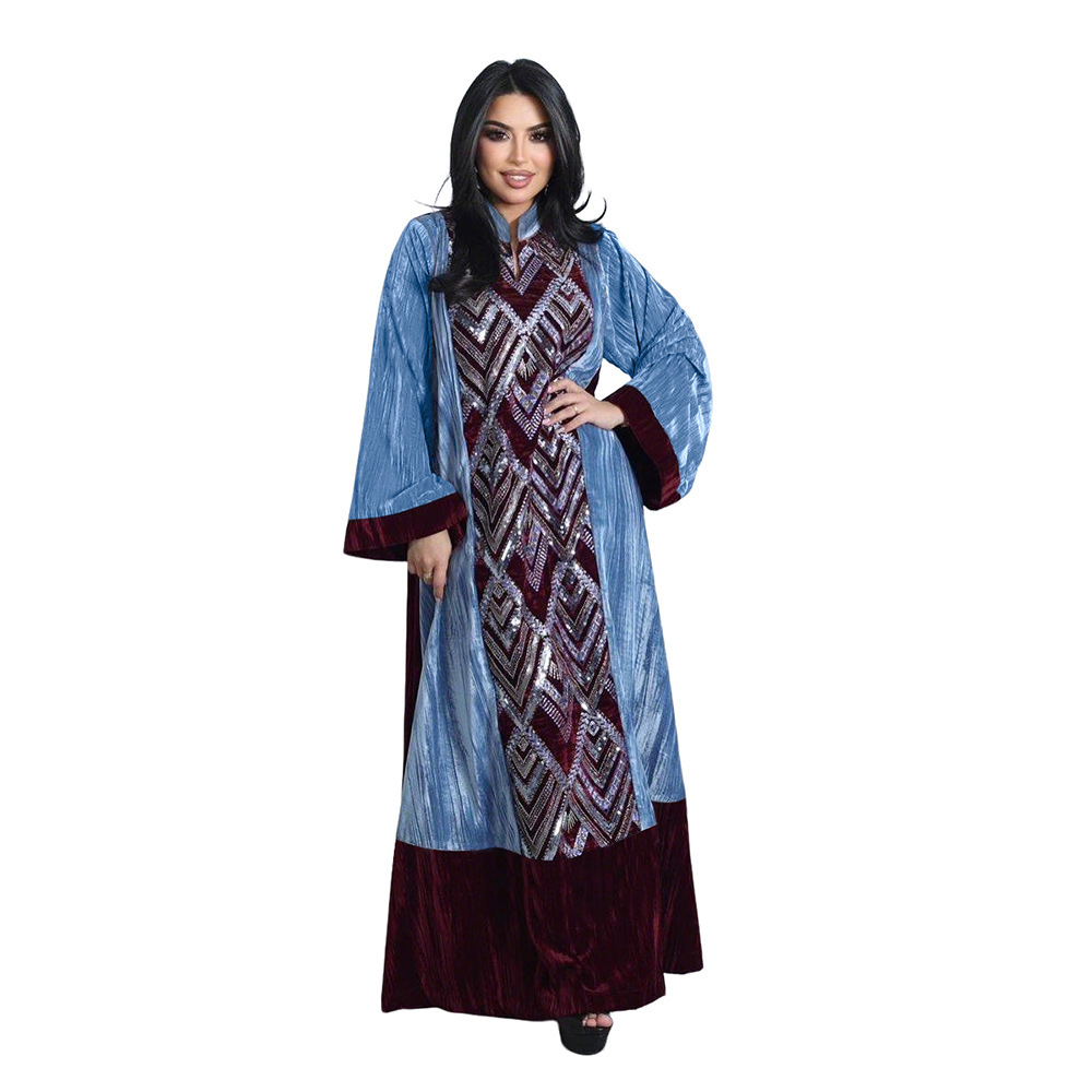 Winter Clothing Dubai - ชุดเดรสผ้ากำมะหยี่ปะติดปะต่อสำหรับผู้หญิง รุ่น Xqy500461 ปี 2026 ชุดเดรสยาวมุสลิมแบบคลุมอาบายะห์