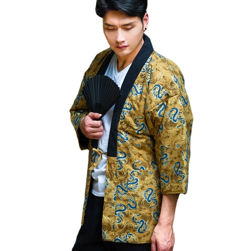Traditional Winter Japanese Clothing - Kimono ฤดูหนาวเสื้อคลุมฮาโอริผู้ชายญี่ปุ่นแบบดั้งเดิมเสื้อสเวตเตอร์ถักที่อบอุ่นหลวม Samurai Yukata ชุดนอน Hanten