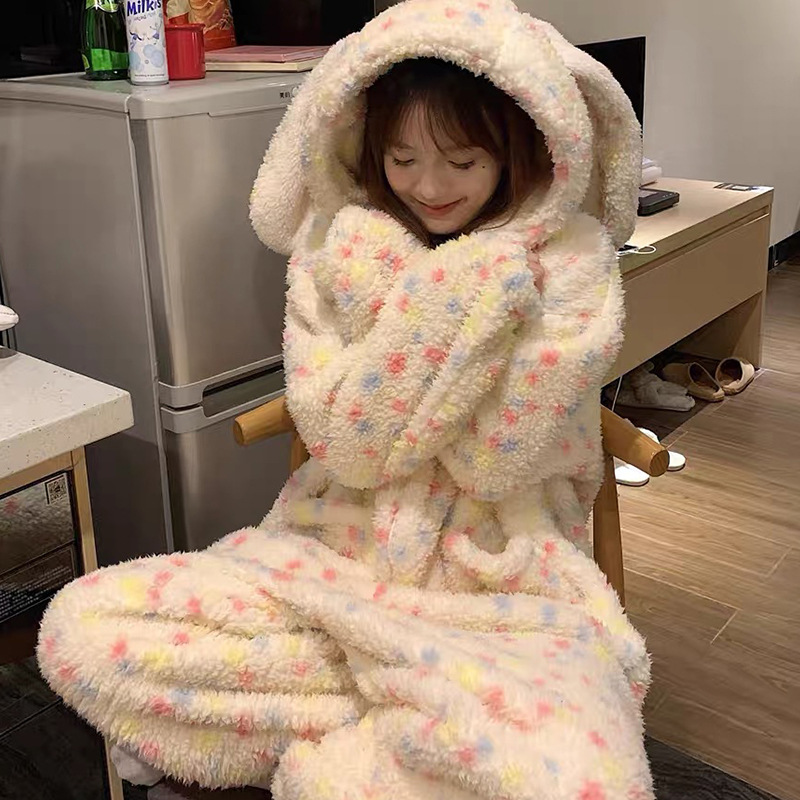 Winter Clothing Kids - ชุดนอนหนานุ่มสำหรับฤดูหนาว ผ้าคอรัลฟลีซ มีฮู้ด ลายการ์ตูนน่ารัก สำหรับสาวๆ ใส่สบายทั้งในบ้านและนอกบ้าน