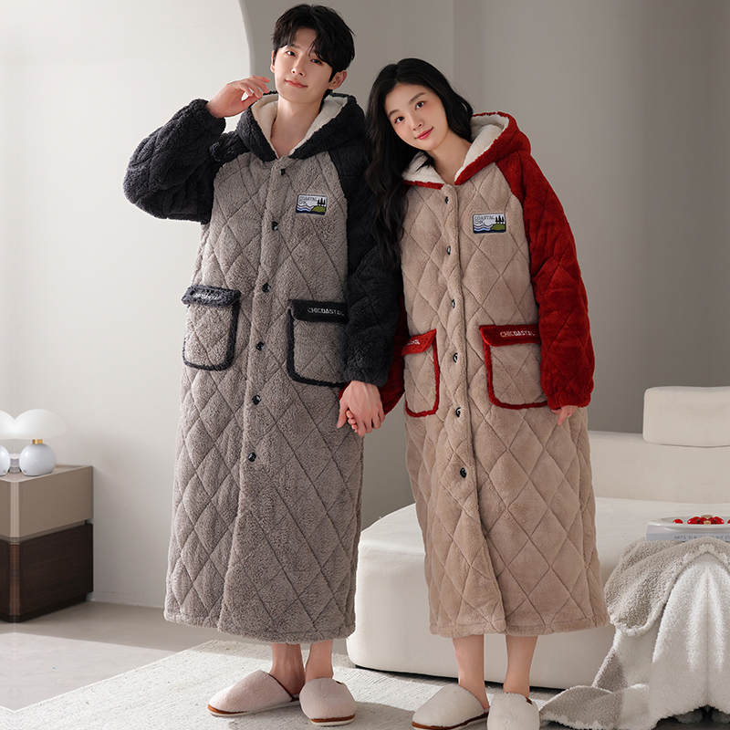 Winter Clothing Layers - ชุดนอนคู่รักฤดูหนาวคุณภาพสูง ชุดนอนมีฮู้ด ผ้าหนานุ่ม อุ่น 3 ชั้น