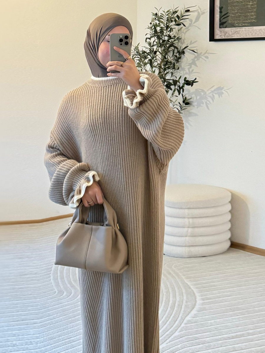 Winter Clothing Dubai - ชุดเดรสยาวแขนยาวลายดอกไม้สำหรับผู้หญิงมุสลิมในฤดูหนาว ดูไบ อบายา เสื้อสเวตเตอร์ถักแบบเรียบง่าย สไตล์มิดชิด สำหรับเดือนรอมฎอน
