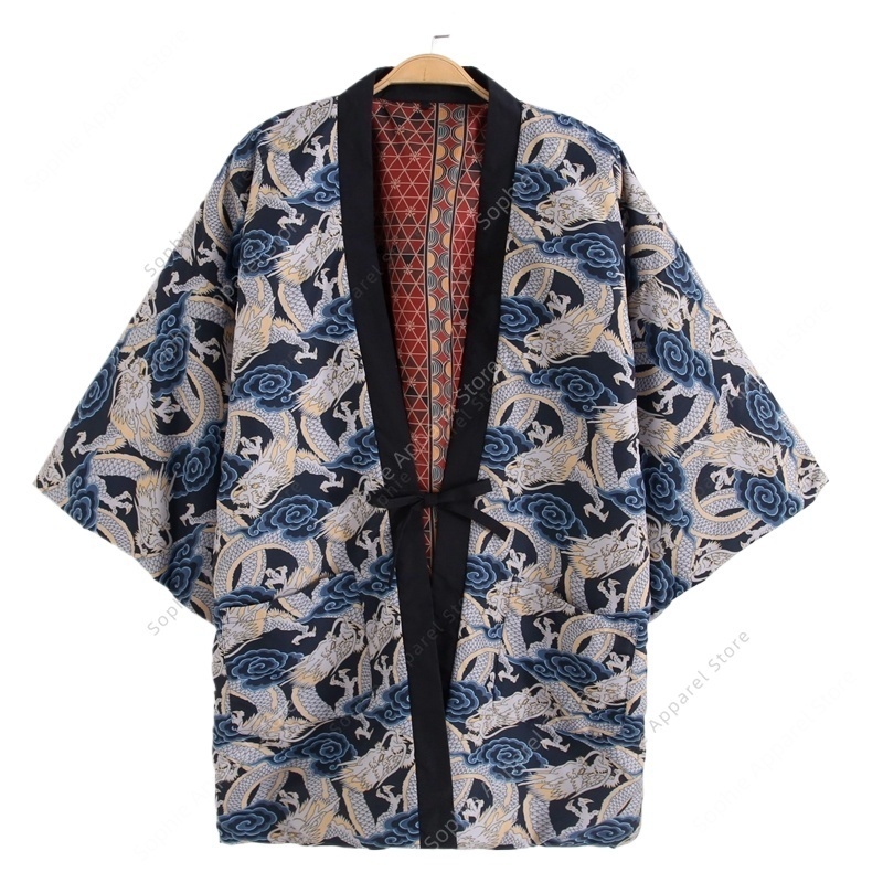 Traditional Winter Japanese Clothing - เสื้อคลุมฮาเท็นลายมังกรญี่ปุ่นสำหรับฤดูใบไม้ร่วงและฤดูหนาว แบบกิโมโนสำหรับผู้ชายและผู้หญิง สไตล์ฮาราจูกุ ทรงหลวม น้ำหนักเบา ยูกาตะ