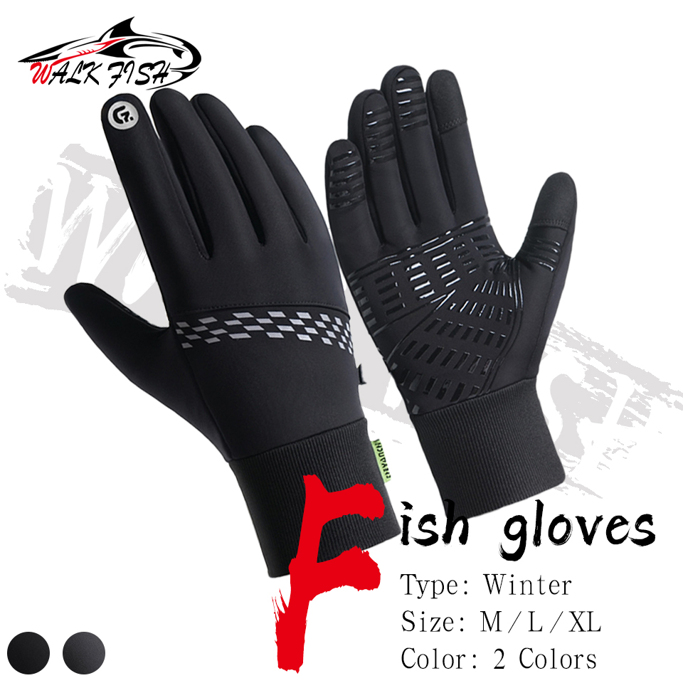 Knit Glove Touch Screen - WALK FISH ถุงมือตกปลาให้ความอบอุ่นในฤดูหนาวผู้ชายกีฬากลางแจ้งขี่จักรยานเพิ่มขนแกะป้องกันความเย็นหน้าจอสัมผัสแบบไร้นิ้วขยาย