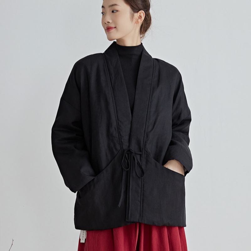 Traditional Winter Japanese Clothing - เสื้อคลุมกันหนาวสไตล์จีนผ้าฝ้ายสีดำ ชุดกิโมโนญี่ปุ่นแบบผูกเชือก เสื้อคลุมหลวมบุผ้าฝ้าย เสื้อแจ็คเก็ตกิโมโนฤดูหนาว เสื้อโค้ทกันหนาว