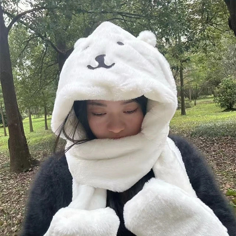 Winter Clothing Kids - หมวกคลุมศีรษะแบบหนานุ่ม 3 in 1 ลายการ์ตูนหมีน่ารัก ผ้าฟลีซ