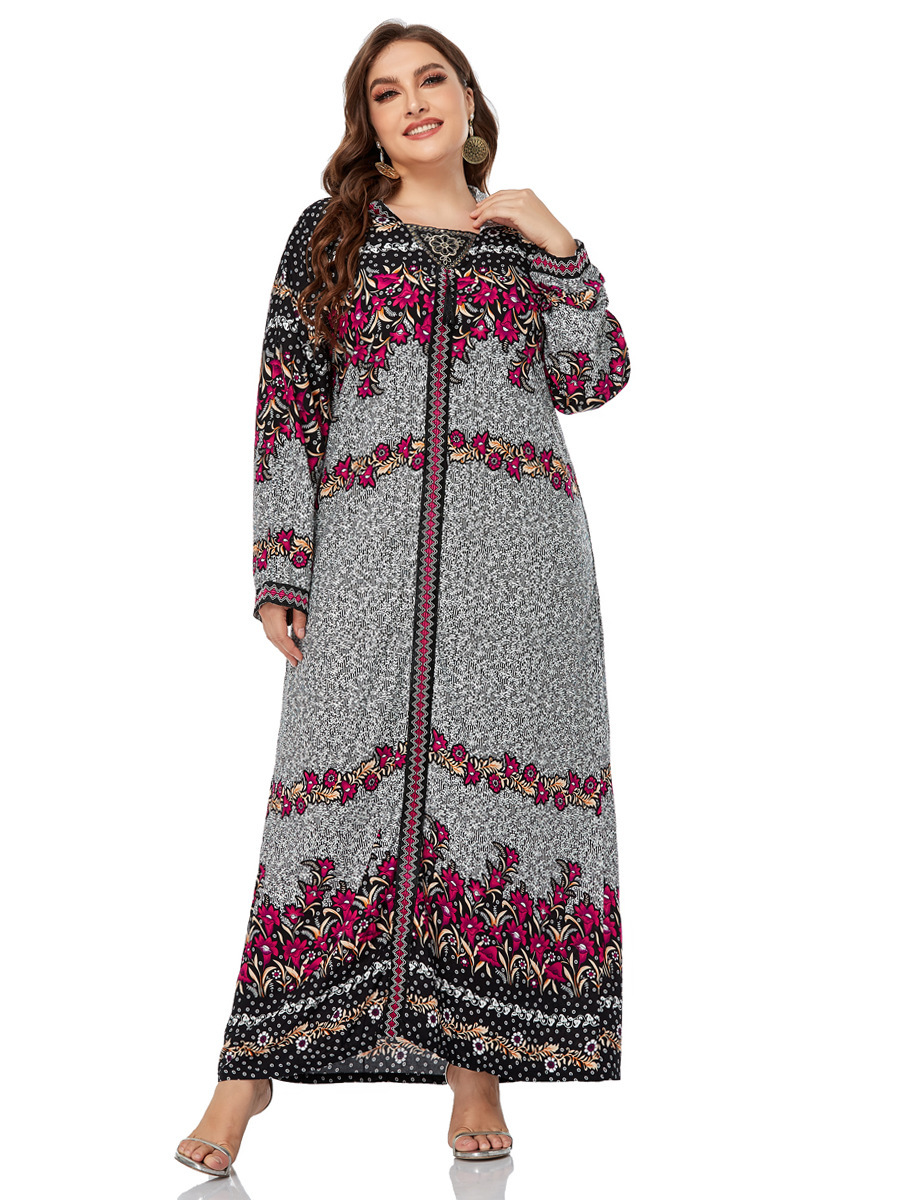 Winter Clothing Dubai - A18219 # เสื้อผ้าผู้หญิงไซส์ใหญ่ ชุดเดรสยาวพิมพ์ลายปักลายหรูหรา แขนยาว มีฮู้ด