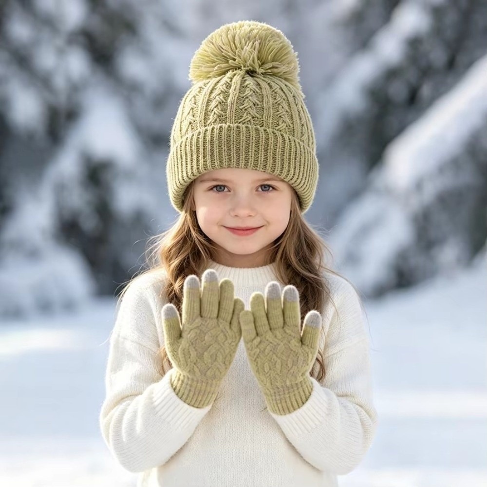 Knit Glove Touch Screen - 2 ชิ้น/เซ็ตแฟชั่นฤดูหนาวเด็กหมวกถุงมือชุดซับในกันลมหน้าจอสัมผัสถุงมืออุ่นปอมปอมถักหมวกถุงมือ