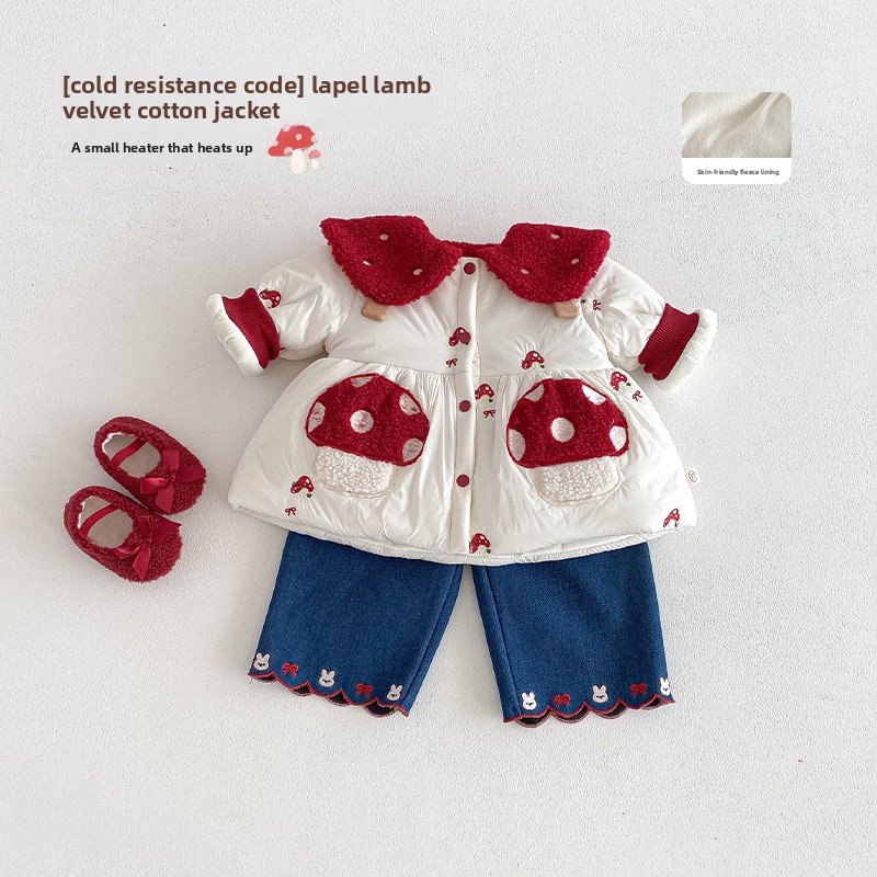 Winter Clothing For Babies - ชุดเด็กผู้หญิงสไตล์ตะวันตกสำหรับปีใหม่ 2025 ชุดฤดูหนาวสำหรับเด็กอายุหนึ่งขวบ ชุดวันเกิด เสื้อผ้าเด็กทารก ผ้าฝ้ายลายเห็ด