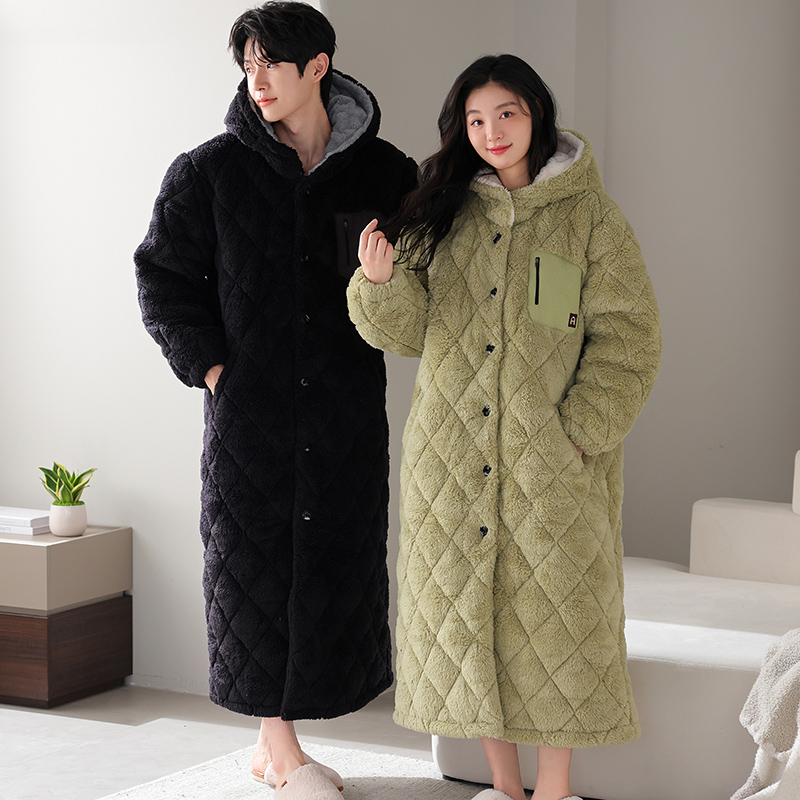 Winter Clothing Layers - ชุดนอนคู่รักฤดูหนาวแบบมีฮู้ด ชุดนอนผ้าฝ้ายหนานุ่ม 3 ชั้น แบบสบายๆ สำหรับผู้หญิงและผู้ชาย