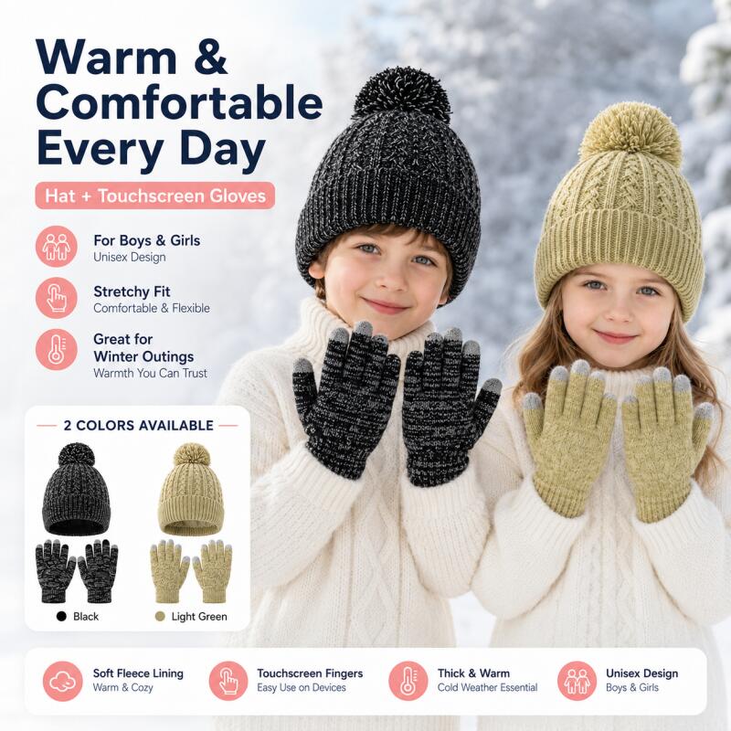 ชุดหมวกไหมพรมเด็กฤดูหนาวพร้อมถ - Knit Glove Touch Screen บทวิจารณ์และราคา
